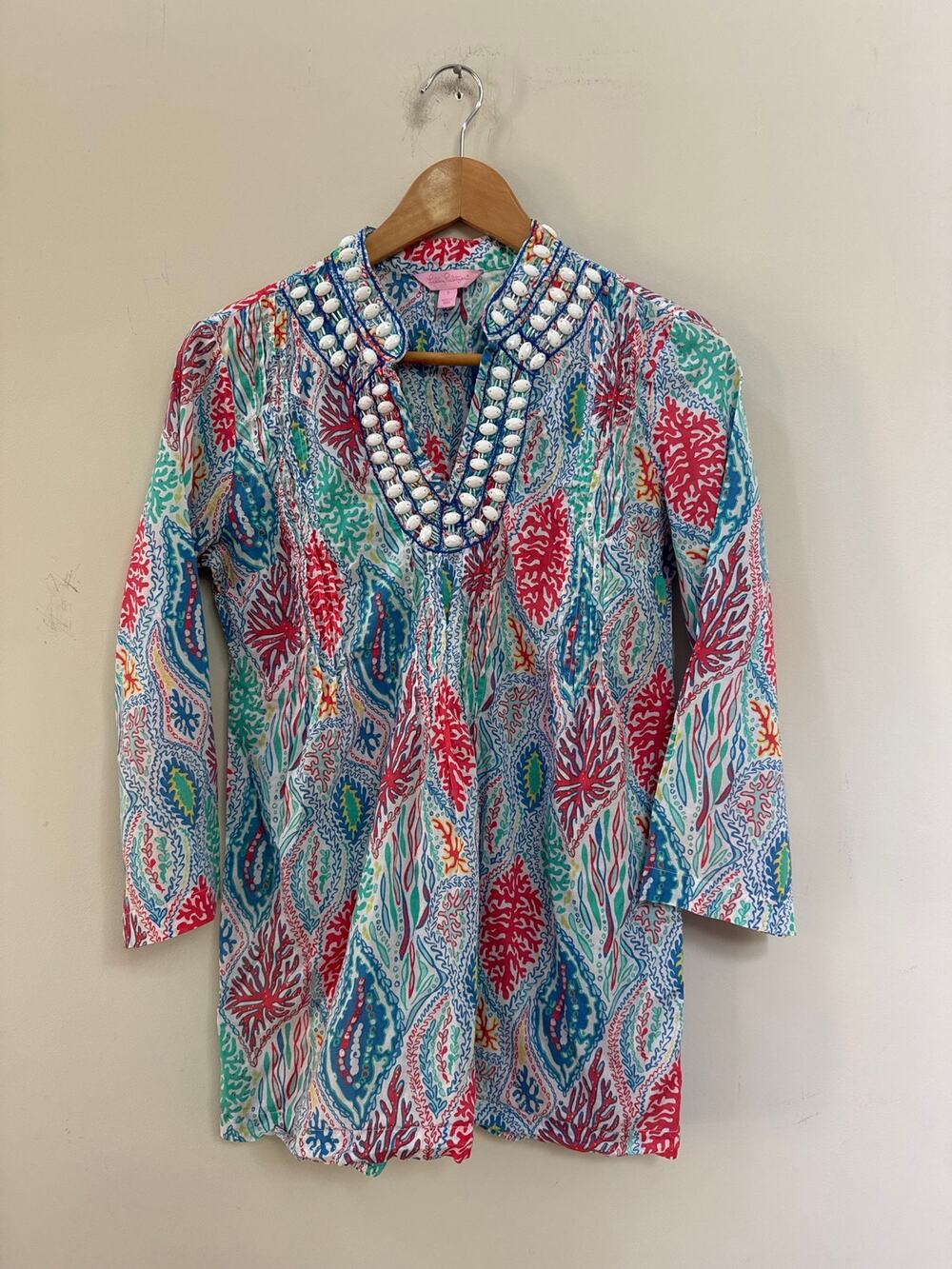 Lilly Pulitzer Sarasota Beaded Tunic Top Coral Reef Beach Resort Cruise Small